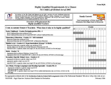 Form HQR  Highly Qualified Requirements At a Glance No Child Left Behind Act of 2001 According to the No Child Left Behind Act of 2001, teachers of early childhood education, elementary education and core academic subjec