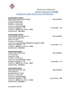 Official License Verification from  Hospital Provider List & License Verification County Located: Arkansas Baptist Health Medical Center-Stuttgart 1703 North Buerkle Road