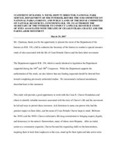 STATEMENT OF DANIEL N. WENK, DEPUTY DIRECTOR, NATIONAL PARK SERVICE, DEPARTMENT OF THE INTERIOR, BEFORE THE SUBCOMMITTEE ON NATIONAL PARKS, FORESTS, AND PUBLIC LANDS OF THE HOUSE COMMITTEE ON NATURAL RESOURCES, CONCERNIN