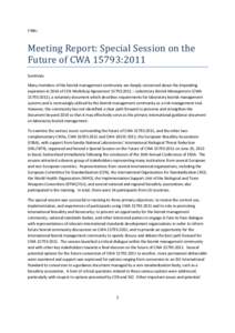 CEN Workshop Agreement / Biorisk / Management / Biosecurity / European Committee for Standardization / ISO 14000 / Specification / International Organization for Standardization / Technology / Standards organizations / Quality / Evaluation