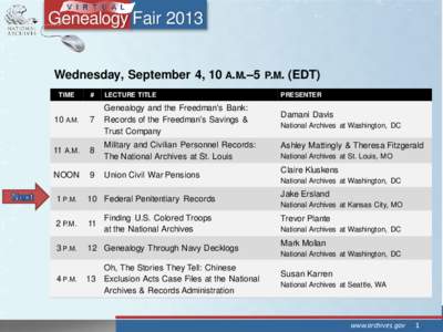 Genealogy Fair 2013 Wednesday, September 4, 10 A.M.–5 P.M. (EDT) TIME