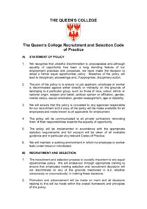 THE QUEEN’S COLLEGE  The Queen’s College Recruitment and Selection Code of Practice A)