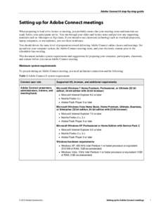 Adobe Connect 8 step-by-step guide  Setting up for Adobe Connect meetings When preparing to lead a live lecture or meeting, you probably ensure that your meeting room and materials are ready before your participants arri