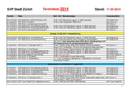 SVP Stadt Zürich  Terminliste 2014 Stand: [removed]