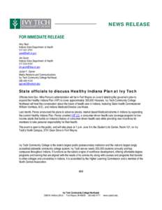 NEWS RELEASE FOR IMMEDIATE RELEASE Amy Reel Indiana State Department of Health[removed]removed]