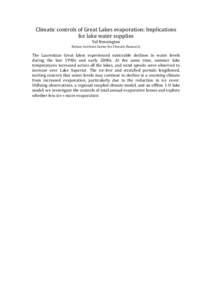 Climatic	
  controls	
  of	
  Great	
  Lakes	
  evaporation:	
  Implications	
   for	
  lake	
  water	
  supplies	
   Val	
  Bennington	
   Nelson	
  Institute	
  Center	
  for	
  Climatic	
  Research	
