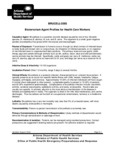 BRUCELLOSIS Bioterrorism Agent Profiles for Health Care Workers Causative Agent: Brucellosis is a systemic zoonotic disease caused by one of four Brucella species: B. melitensis,B. abortus, B. suis, and B. canis. The org