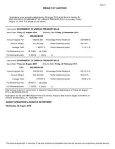 Page 1/1  RESULT OF AUCTION Applications were opened on Wednesday, 20 August 2014 at the Bank of Jamaica for $800,000,[removed]GOVERNMENT OF JAMAICA TREASURY BILLS to be dated Friday,