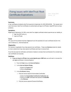 Fixing issues with IdenTrust Root Certificate Expirations Date: 27-Sept-2011 Version: 1.0