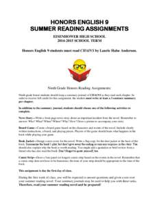 HONORS ENGLISH 9 SUMMER READING ASSIGNMENTS EISENHOWER HIGH SCHOOL[removed]SCHOOL TERM Honors English 9 students must read CHAINS by Laurie Halse Anderson.