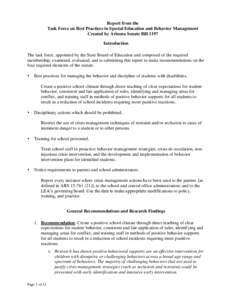 Report from the Task Force on Best Practices in Special Education and Behavior Management Created by Arizona Senate Bill 1197 Introduction The task force, appointed by the State Board of Education and composed of the req