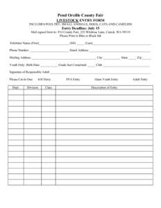 Pend Oreille County Fair LIVESTOCK ENTRY FORM INCLUDES POULTRY, SMALL ANIMALS, DOGS, CATS AND CAMELIDS Entry Deadline: July 15 Mail signed form to: P O County Fair, 225 Wildrose Lane, Cusick, WA 99119