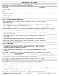 Governance Check Sheet This check sheet is to be used by EO Revenue Agents in the examination of I.R.C. 501(c)(3) public charities. Please complete all parts of this check sheet. Part 1 - Revenue Agent and Exempt Organiz