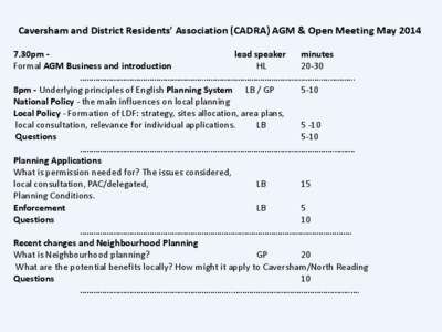 Caversham and District Residents’ Association (CADRA) AGM & Open Meeting May[removed]30pm lead speaker minutes