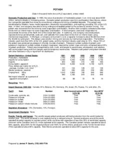 126  POTASH (Data in thousand metric tons of K2O equivalent, unless noted) Domestic Production and Use: In 1995, the value of production of marketable potash, f.o.b. mine was about $300 million, owing to steady or increa