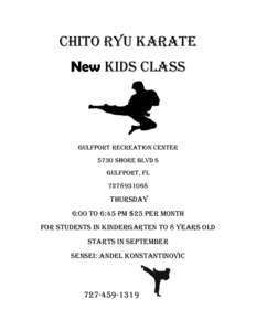 CHITO RYU KARATE New kids class GULFPORT RECREATION CENTER 5730 SHORE BLVD S GULFPORT, FL