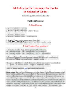 Melodies for the Troparion for Pascha in Znamenny Chant Transcribed by Nikita Simmons. May, 2005 Table of Contents A. Printed Sources: