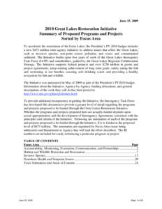 June 25, [removed]Great Lakes Restoration Initiative Summary of Proposed Programs and Projects Sorted by Focus Area To accelerate the restoration of the Great Lakes, the President’s FY 2010 budget includes