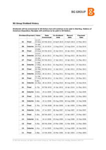 BG Group Dividend History Dividends will be announced in US Dollars but will continue to be paid in Sterling. Holders of American Depositary Receipts will continue to be paid in US Dollars. Dividend Payment Value  Date