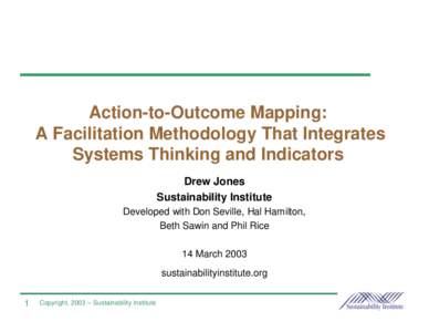 Action-to-Outcome Mapping: A Facilitation Methodology That Integrates Systems Thinking and Indicators Drew Jones Sustainability Institute Developed with Don Seville, Hal Hamilton,