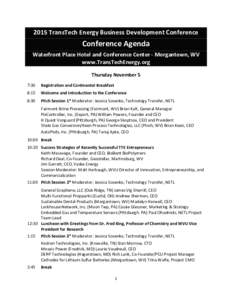 2015 TransTech Energy Business Development Conference  Conference Agenda Waterfront Place Hotel and Conference Center - Morgantown, WV www.TransTechEnergy.org Thursday November 5