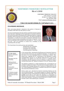 NORTHERN TERRITORY NEWSLETTER March 2009 NORTHERN TERRITORY BRANCH Chair: Stewart Cox OAM PO Box 2171 Parap NT 0804 Tel: ([removed]