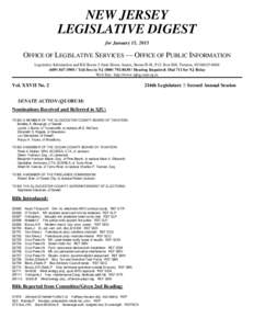 NEW JERSEY LEGISLATIVE DIGEST for January 15, 2015 OFFICE OF LEGISLATIVE SERVICES — OFFICE OF PUBLIC INFORMATION Legislative Information and Bill Room $ State House Annex, Room B-01, P.O. Box 068, Trenton, NJ[removed]