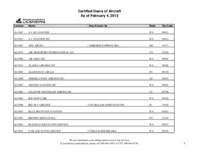 Certified Users of Aircraft As of February 4, 2013 License Name