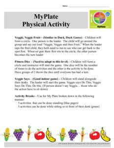 Name: ____________________________________________  MyPlate Physical Activity Veggie, Veggie Fruit – (Similar to Duck, Duck Goose) – Children will form a circle. One person is the leader. The child will go around the