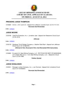 LIST OF OPINIONS ANNOUNCED BY COURT OF CIVIL APPEALS OF ALABAMA ON FRIDAY, AUGUST 22, 2014 PRESIDING JUDGE THOMPSON[removed]A.D.G. v. D.O. and C.O. (Appeal from Jefferson Juvenile Court: JU[removed]Reversed And Reman
