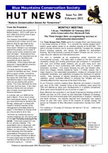 Blue Mountains Conservation Society  HUT NEWS Issue No. 289 February 2012