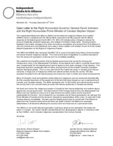 th  Montreal, QC - Thursday December[removed]Open Letter to the Right Honourable Governor General David Johnston and the Right Honourable Prime Minister of Canada Stephen Harper: