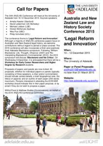 Call for Papers The 34th ANZLHS Conference will meet at the University of Adelaide from[removed]December[removed]Keynote speakers:   