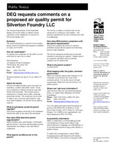 Public Notice  DEQ requests comments on a proposed air quality permit for Silverton Foundry LLC The Oregon Department of Environmental