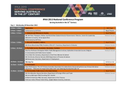 IPAA 2013 National Conference Program Serving Australia in the 21st Century Day 1 – Wednesday 20 November[removed]30am – 9.00am  Registration