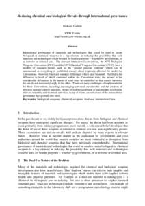 Reducing chemical and biological threats through international governance Richard Guthrie CBW Events http://www.cbw-events.org.uk  Abstract