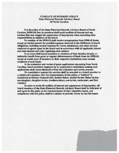 CONFLICT OF INTEREST POLICY State Historical Records Advisory Board Of North Carolina It is the policy of the State Historical Records Advisory Board of North Carolina (SBRAB) that its members shall avoid conflicts of in