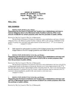 ORDER OF BUSINESS BOARD OF ESTIMATE & TAXATION Regular Meeting - May 23, 2012 Wednesday City Hall, Room[removed]:00 p.m. ROLL CALL