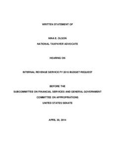 National Taxpayer Advocate Testimony, IRS Budget, Senate Apppropriations Committee[removed]