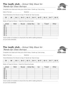 The iwalk club – School Tally Sheet for ‘Hands-Up’ Class Surveys Complete one sheet each time your school does a ‘hands-up’ class survey. Date of Survey: _______________  Weather: ______________________________