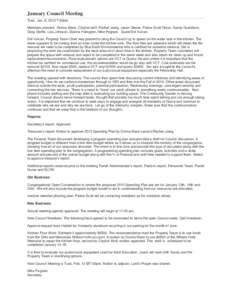 January Council Meeting Tues. Jan. 8, 2013 7:00pm Members present: Donna Mann, Clayton wolf, Rachel Joerg, Jason Glaser, Pastor Scott Olson, Sandy Gustafson, Greg Stoffel, Lisa Johnson, Dianna Holmgren, Mike Pegram. Gues
