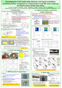 Development of InP solid state detector and liquid scintillator containing indium complexes for measurement of pp/7Be solar neutrinos and Neutrinoless double beta decay Y.Fukudaa M.Asakurad B.Enkhbata T.Izawad S.Moriyama