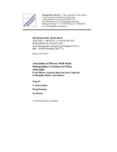 Association of Divorce with Socio-Demographic Covariates in China, 