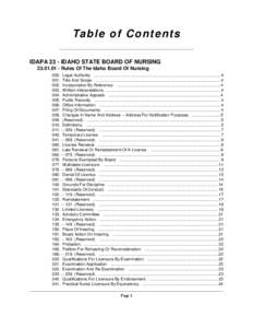 Ta b le o f C o n t e n t s IDAPA 23 - IDAHO STATE BOARD OF NURSING[removed]Rules Of The Idaho Board Of Nursing 000. Legal Authority. ...................................................................................