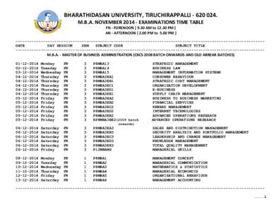 BHARATHIDASAN UNIVERSITY, TIRUCHIRAPPALLI[removed]M.B.A. NOVEMBER[removed]EXAMINATIONS TIME TABLE FN - FORENOON[removed]AM to[removed]PM ] AN - AFTERNOON[removed]PM to 5.00 PM ] --------------------------------------------