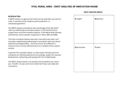 VITAL RURAL AREA - SWOT ANALYSIS OF INNOVATION HOUSE SWOT ANALYSIS MODEL INTRODUCTION A SWOT analysis is a general tool which can be used when you want to make A summary of the situation and the potential in a company/or