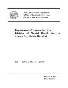 New Jersey State Legislature Office of Legislative Services Office of the State Auditor Department of Human Services Division of Mental Health Services