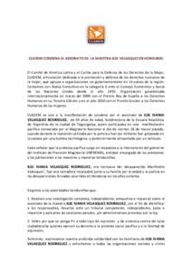 CLADEM CONDENA EL ASESINATO DE LA MAESTRA ILSE VELASQUEZ EN HONDURAS  El Comité de América Latina y el Caribe para la Defensa de los Derechos de la Mujer, CLADEM, articulación dedicada a la promoción y defensa de los