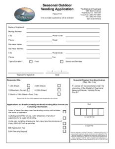 Seasonal Outdoor Vending Application Please Print Only complete applications will be reviewed  The District of Peachland