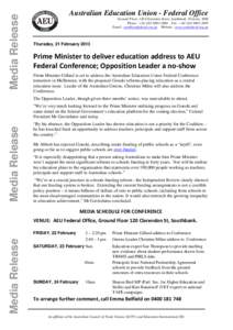 Media Release  Australian Education Union - Federal Office Ground Floor, 120 Clarendon Street, Southbank, Victoria, 3006 Phone : +[removed] Fax : +[removed] Email : [removed] Website : www.aeu